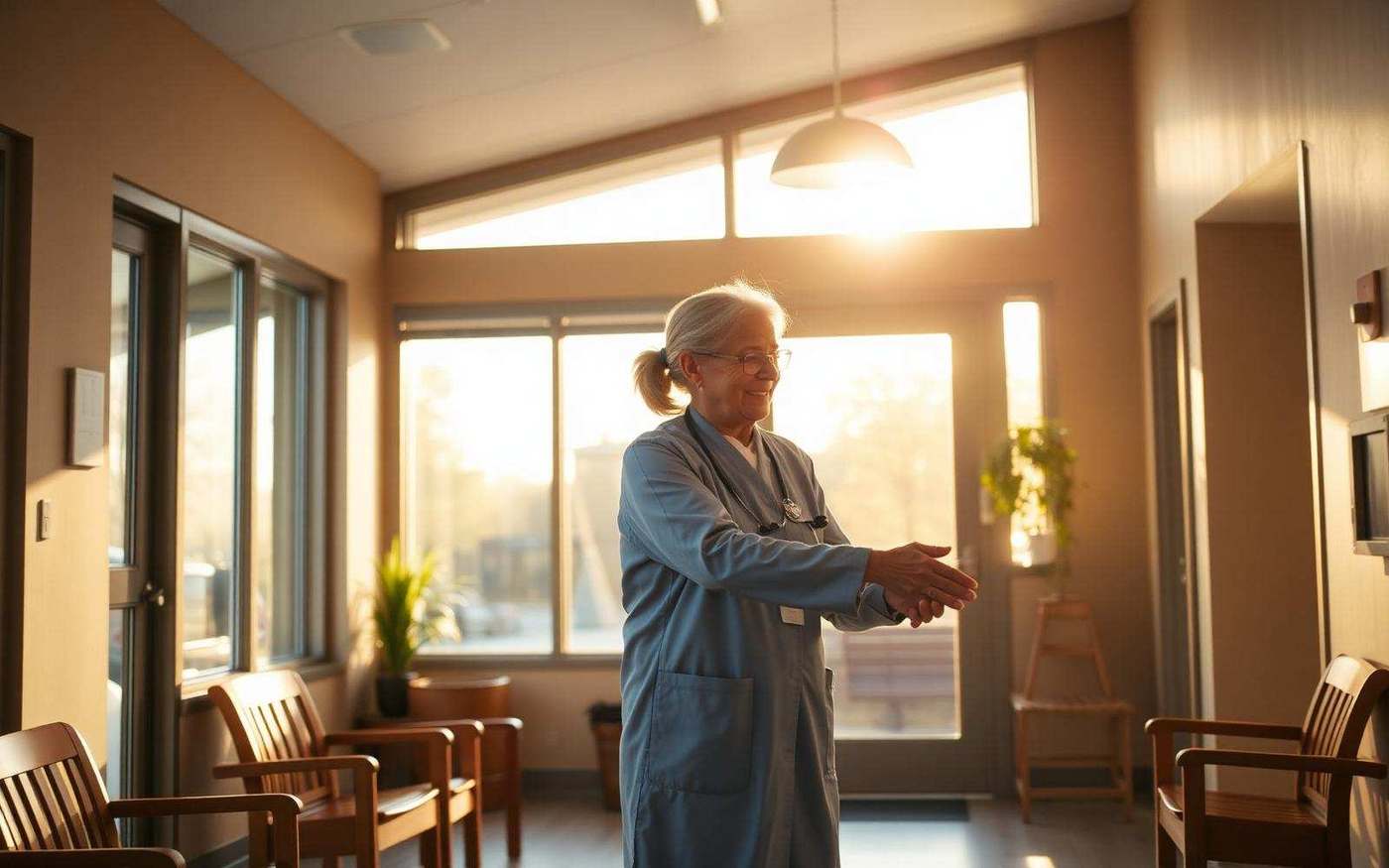 A nurse warmly welcoming a patient into a sunlit community clinic