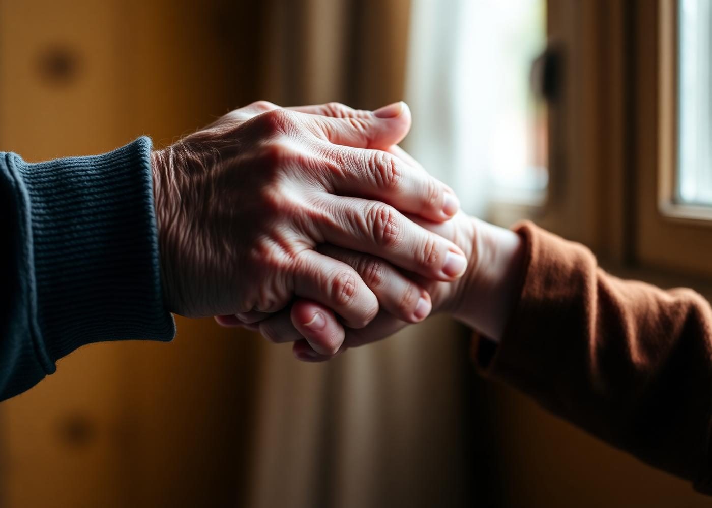Two hands clasped in support, symbolizing compassionate voluntary care